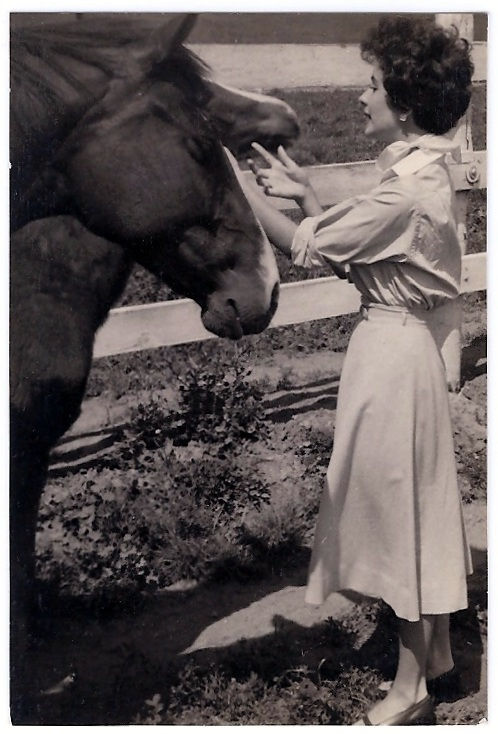 Lindsay C. Howard Jr personal photo of Elizabeth Taylor, visiting Ridgewood & BingLin Stables, Moorpark, CA, early 1950s, taken by Dad, photo courtesy of my Mom